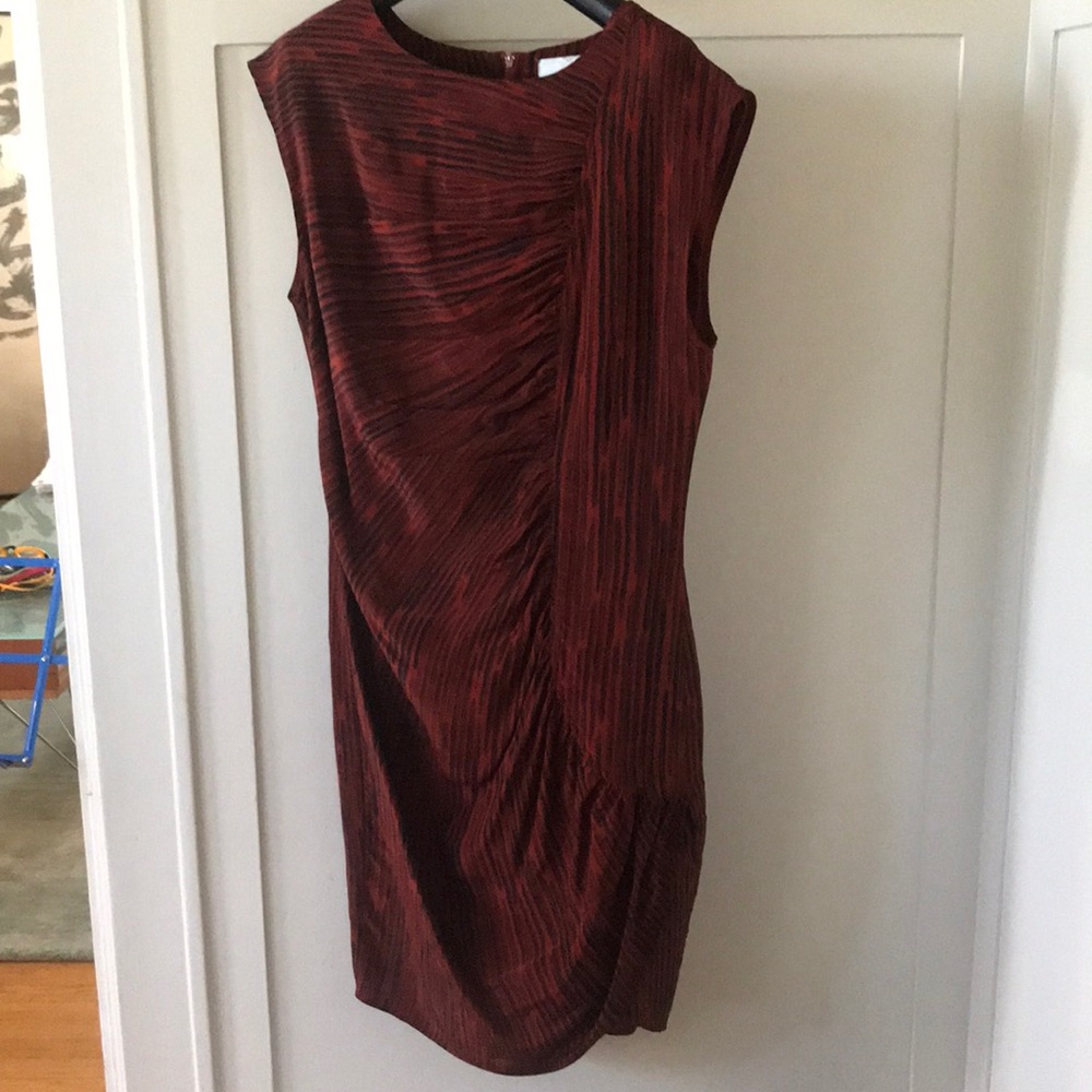 Red and black patterned dress.